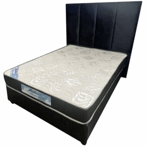 Neptune Bed Set with Block Headboard, featuring classic block panel design, sturdy frame, and comfortable mattress for elegant and restful bedroom style. Economy bed