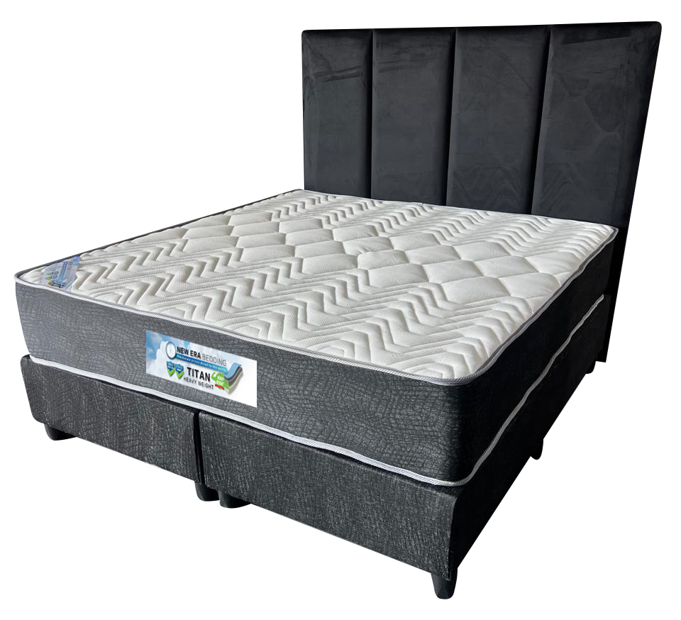 Titan Heavy Weight King bed with Block Headboard, showcasing a strong durable base and modern upholstered square panel design for ultimate support and style.